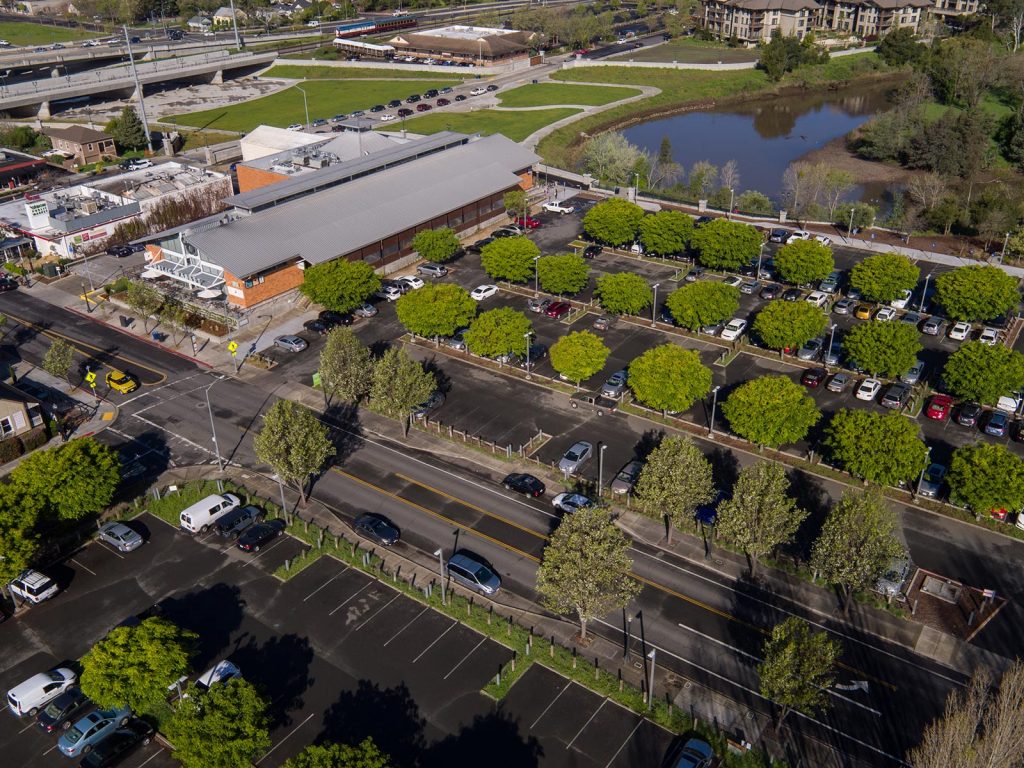 Oxbow Public Market in downtown Napa, California. Drone aerial photo by Jason Tinacci of TrellisAerial.com