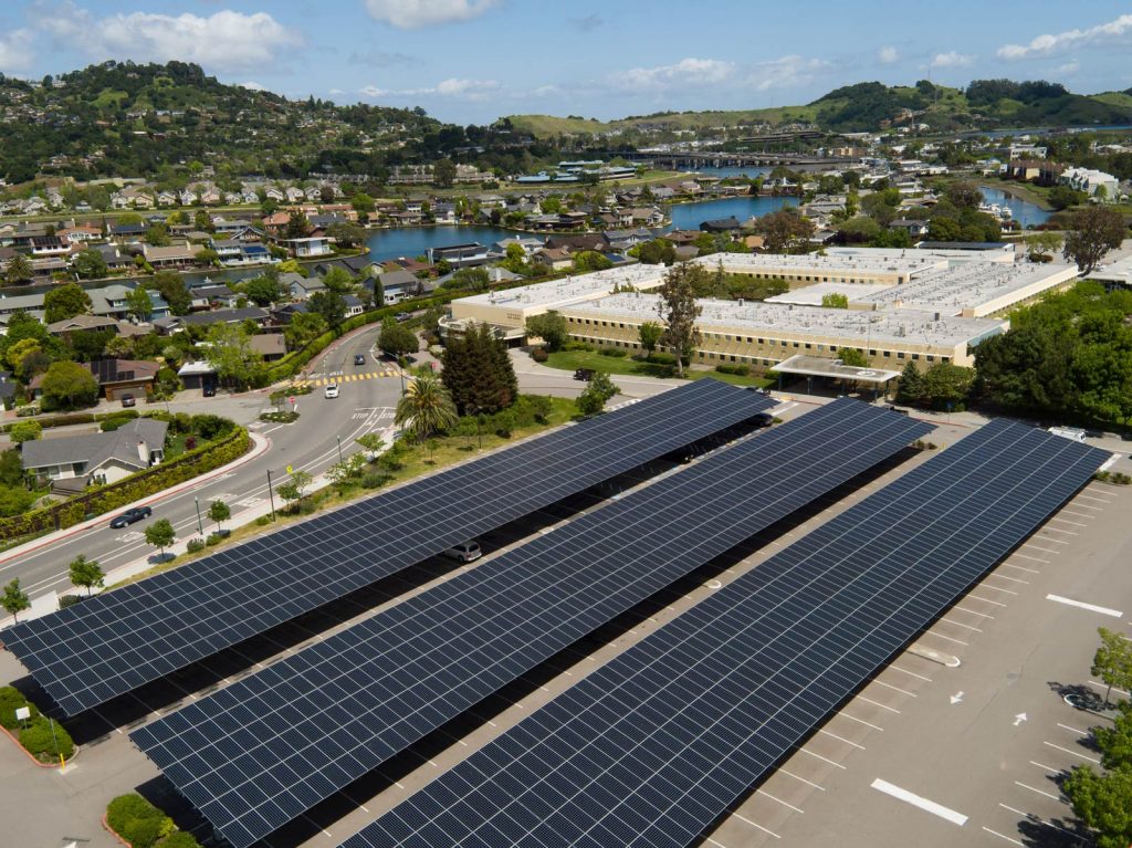 SunPower Solar installation at Redwood High School in Marin, California. Drone photography by Jason Tinacci / TrellisAerial.com